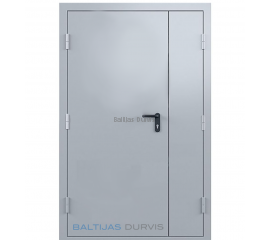 Ugunsdrošās pusotrviru metāla durvis ar pelēku matētu apdari un izturīgām eņģēm.