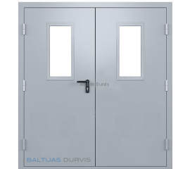 Plašas ugunsdrošas divviru metāla durvis ar stikla lodziņiem, ideāli piemērotas sabiedriskām ēkām vai noliktavām.