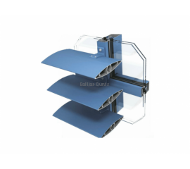 Alumīnija Fasāžu Sistēmas - Ponzio SUN PROTECT savienojumu paraugs ar žalūzijas tipa elementiem un stikla paketēm 3D skatā