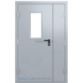 Ugunsdrošās pusotrviru metāla durvis ar stikla lodziņu, kas apvieno drošību un estētiku.