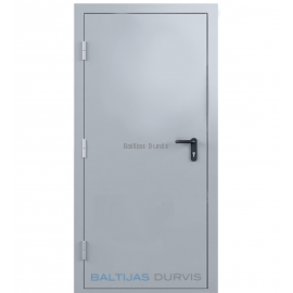 Ugunsdrošas metāla durvis ar pelēku pārklājumu un drošības rokturi, piemērotas privātmājām un uzņēmumiem
