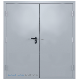 Ugunsdrošas metāla durvis ar pelēku apdari un augstas drošības slēdzeni.