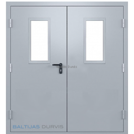 Plašas ugunsdrošas divviru metāla durvis ar stikla lodziņiem, ideāli piemērotas sabiedriskām ēkām vai noliktavām.