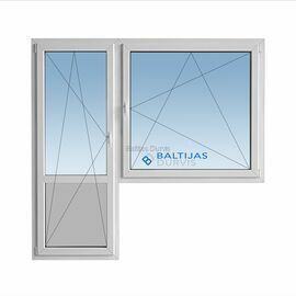 Balts PVC logs 2150x2150 mm ar diviem stiklojumiem un atveramām abām loga daļām, balkona vērtnes lejasdaļā PVC paneļa pildiņš. Logs piemērots lietuviešu projekta ēkām.