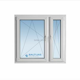 Balts PVC logs 1150x1120 mm ar divām vērtnēm un papildu šauru sānu stiklojumu.