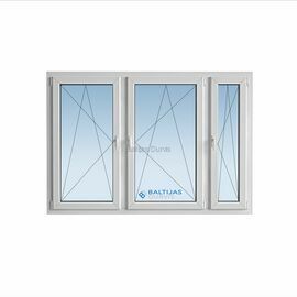 Balts PVC logs 2080x1420 mm ar trīs sekciju stiklojuma vērtnēm, piemērots lietuviešu projekta ēkām."