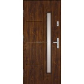 Siltas un kvalitatīvas ārdurvis mājai. Durvis tumšā rieksta tonī ar vertikālu dekoratīvu stikla elementu.