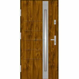 Siltas un kvalitatīvas ārdurvis mājai. Durvis zelta ozola tonī ar vertikālu dekoratīvu stikla elementu.