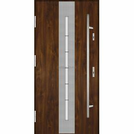 Siltas un kvalitatīvas ārdurvis mājai. Durvis brazīlijas rieksta tonī ar modernu vertikālu stikla elementu durvju vidusdaļā un vertikālu garu rokturi.