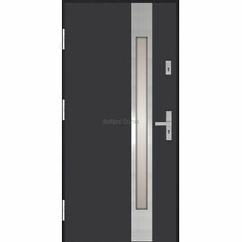 Siltas un kvalitatīvas ārdurvis mājai. Durvis pelēkā tonī ar vertikālu dekoratīvu stikla elementu.