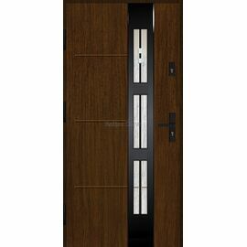 Siltas un kvalitatīvas ārdurvis mājai. Durvis tumšā rieksta tonī ar moderniem dekoratīviem elementiem.