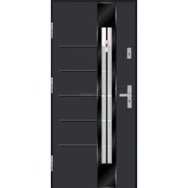 Siltas un kvalitatīvas ārdurvis mājai. Durvis antracīta tonī ar vertikālu dekoratīvu stikla elementu.