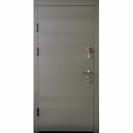 Drošas un izturīgas metāla durvis LUĪZE ar gludu dizainu un pelēku metāla apdari, lieliski piemērotas dzīvoklim.