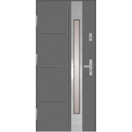 Siltas un kvalitatīvas ārdurvis mājai. Durvis pelēkā tonī ar vertikālu dekoratīvu stikla elementu.