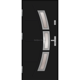 Siltas un kvalitatīvas ārdurvis mājai. Durvis melnā krāsā ar moderniem dekoratīviem elementiem.