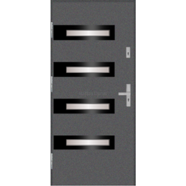 Siltas un kvalitatīvas ārdurvis mājai. Durvis pelēkā tonī ar moderniem horizontāliem stikla elementiem.