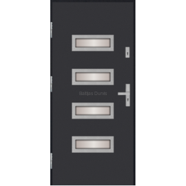 Siltas un kvalitatīvas ārdurvis mājai. Durvis pelēkā tonī ar dekoratīviem horizontāliem stikla elementiem.