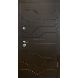 Elegantas metāla durvis Akustika NEW ar modernu, tumši brūnu apdari. Metāla durvis ar skatu no ārpuses.