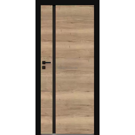 Iekšdurvis Vetro E Synchro gaišā ozola tonī ar vertikālu dizaina elementa līniju melnā krāsā un melnām aplodām.