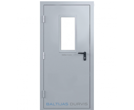 Ugunsdrošas metāla durvis ar stikla lodziņu augšējā daļā, nodrošinot gaismas caurlaidību un modernu dizainu.