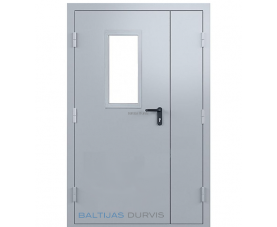 Ugunsdrošās pusotrviru metāla durvis ar stikla lodziņu, kas apvieno drošību un estētiku.