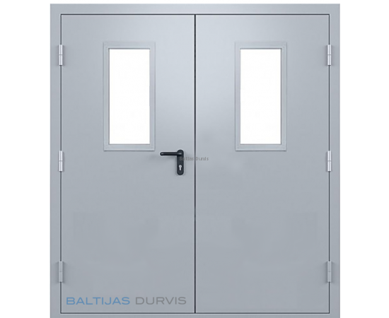 Plašas ugunsdrošas divviru metāla durvis ar stikla lodziņiem, ideāli piemērotas sabiedriskām ēkām vai noliktavām.