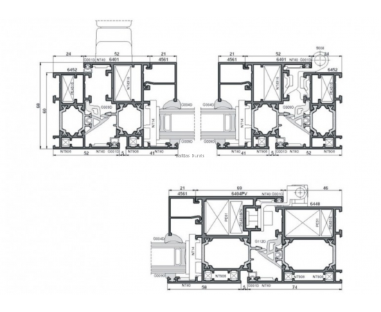 Alumīnija logi un balkona durvis - detalizācija griezumā ar izmēriem durvju roktura un eņģu novietojums