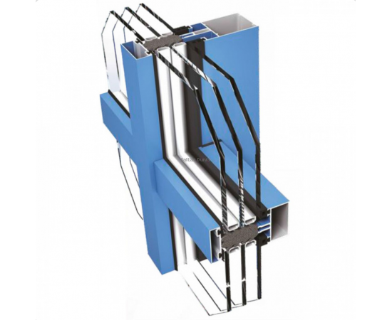 Alumīnija Fasāžu Sistēmas - Ponzio PF 152 HI savienojumu paraugs ar divu kameru paketēm 3D skatā Alumīnija Fasāžu Sistēmas - Ponzio PF 152 HI savienojumu paraugs ar divu kameru paketēm 3D skatā