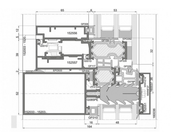 Alumīnija Fasāžu Sistēmas - Ponzio PF 152 HI detalizācija griezumā ar izmēriem Alumīnija Fasāžu Sistēmas - Ponzio PF 152 HI detalizācija griezumā ar izmēriem