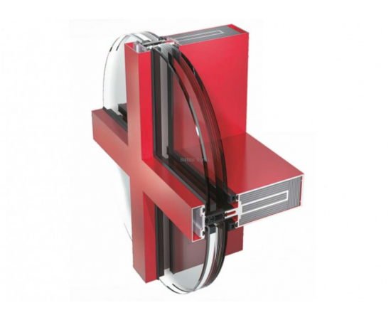 Alumīnija Fasāžu Sistēmas - Ponzio PF 152 PROZ savienojuma paraugs  sarkanā krāsā ar stikla paketēm 3D skatā