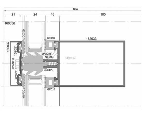 Alumīnija Fasāžu Sistēmas - Ponzio PF 152 detalizācija griezumā ar izmēriem