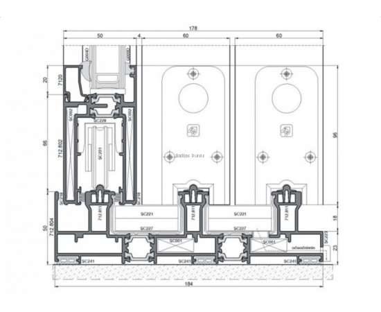 Alumīnija bīdāmās durvis balkoniem un lodžijām - detalizācija griezumā ar izmēriem durvju profilā