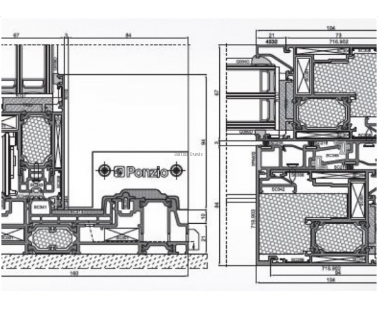 Alumīnija bīdāmās durvis balkoniem un lodžijām - detalizācija griezumā ar izmēriem durvju profilā Alumīnija bīdāmās durvis balkoniem un lodžijām - detalizācija griezumā ar izmēriem durvju profilā
