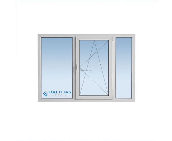 Balts PVC logs ar trīs sekciju stiklojumu un vienu atveramu loga daļu vidusdaļā, logs piemērots čehu projekta ēkām. Balts PVC logs ar trīs sekciju stiklojumu un vienu atveramu loga daļu vidusdaļā, logs piemērots čehu projekta ēkām.