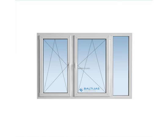 Balts PVC logs ar trīs sekciju stiklojumu un divām atveramām loga daļām, logs piemērots čehu projekta ēkām.