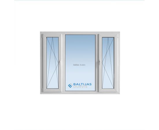 Balts PVC logs ar trīs sekciju stiklojumu un veramām abām malējām loga daļām. Logs piemērots lietuviešu projekta vecā tipa ēkām. Balts PVC logs ar trīs sekciju stiklojumu un veramām abām malējām loga daļām. Logs piemērots lietuviešu projekta vecā tipa ēkām.