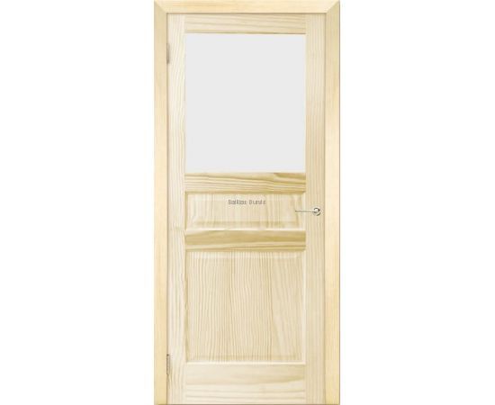 Priedes masīvkoka iekšdurvis PAULA ar gaiša koka apdari un stikla pildiņu durvju augšdaļā.