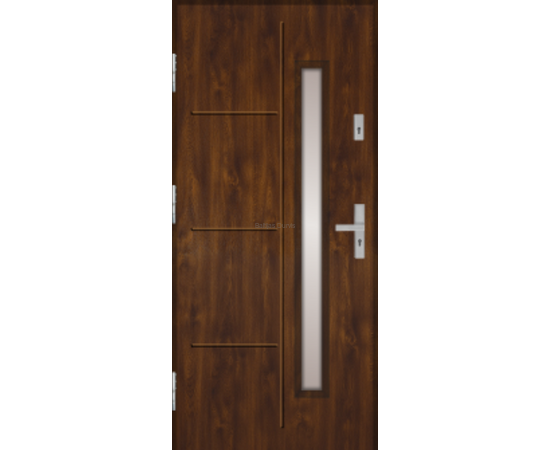 Siltas un kvalitatīvas ārdurvis mājai. Durvis tumšā rieksta tonī ar vertikālu dekoratīvu stikla elementu.