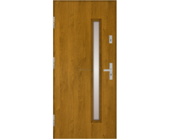 Siltas un kvalitatīvas ārdurvis mājai. Durvis zelta ozola tonī ar dekoratīvu vertikālu stikla elementu.