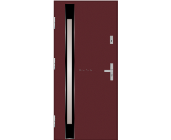 Siltas un kvalitatīvas ārdurvis mājai. Durvis burgundijas tonī ar dekoratīvu vertikālu stikla elementu.