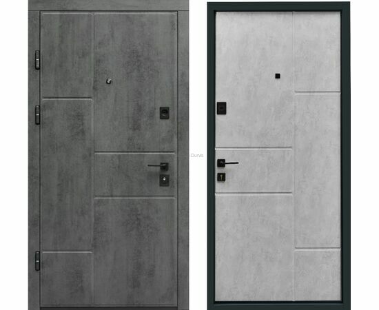 Metāla durvis KRISTĪNE ar industriāla stila pelēku apdari un modernām līnijām, skatāmas no ārpuses un iekšpuses.