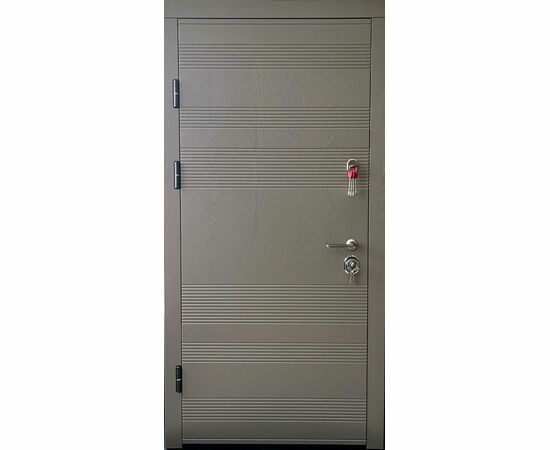 Drošas un izturīgas metāla durvis LUĪZE ar gludu dizainu un pelēku metāla apdari, lieliski piemērotas dzīvoklim.