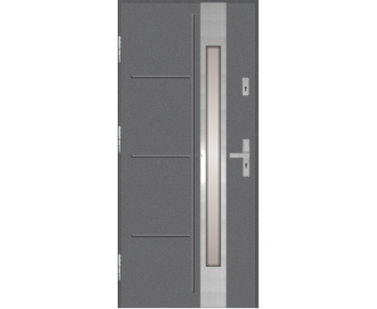 Siltas un kvalitatīvas ārdurvis mājai. Durvis pelēkā tonī ar vertikālu dekoratīvu stikla elementu.