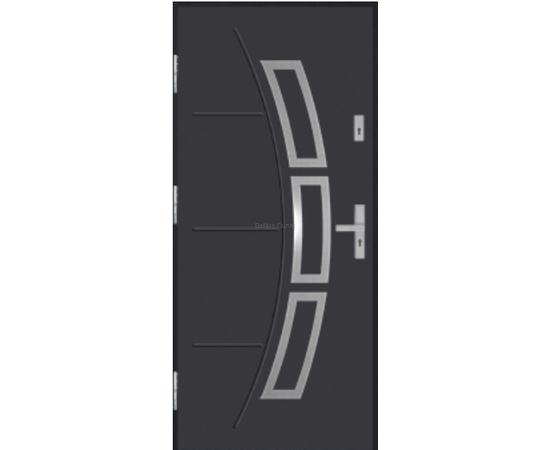 Siltas un kvalitatīvas ārdurvis mājai. Durvis antracīta tonī ar moderniem dekoratīviem elementiem.