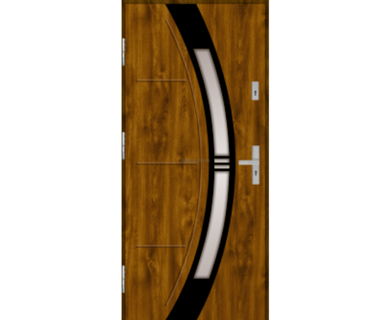 Siltas un kvalitatīvas ārdurvis mājai. Durvis zelta ozola tonī ar dekoratīvu izliektu stikla elementu.