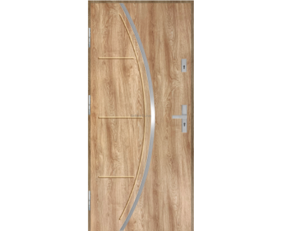 Siltas un kvalitatīvas ārdurvis mājai. Durvis  ar ozola tekstūru un moderniem dekoratīviem elementiem.