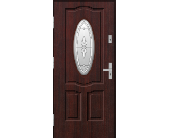 Siltas un kvalitatīvas ārdurvis mājai. Durvis mahagona tonī ar dekoratīvu stikla elementu.