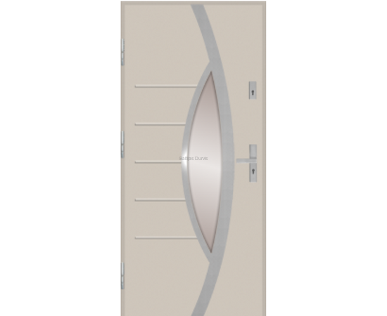 Siltas un kvalitatīvas ārdurvis mājai. Durvis krēmkrāsas tonī ar moderniem dekoratīviem elementiem.