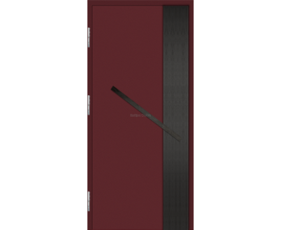 Siltas un kvalitatīvas ārdurvis mājai. Durvis burgundija tonī ar vertikālu melnu dekoratīvu elementu durvju slēdzenes pusē un garu slīpu rokturi.