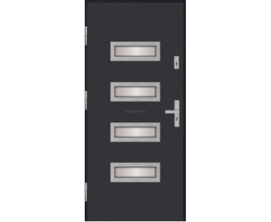 Siltas un kvalitatīvas ārdurvis mājai. Durvis pelēkā tonī ar dekoratīviem horizontāliem stikla elementiem.